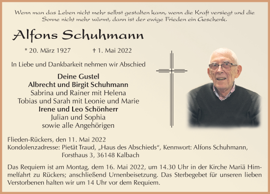 Traueranzeige von Alfons Schuhmann von FZ