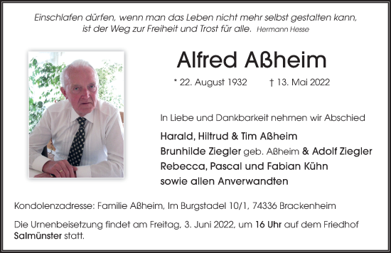 Traueranzeige von Alfred Aßheim von FZ