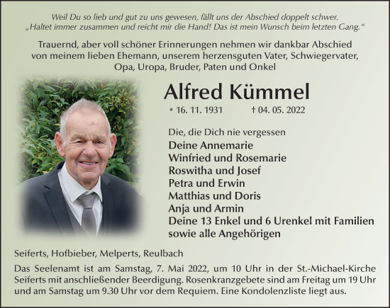 Traueranzeige von Alfred Kümmel von FZ