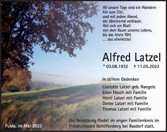 Traueranzeige von Alfred Latzel von FZ
