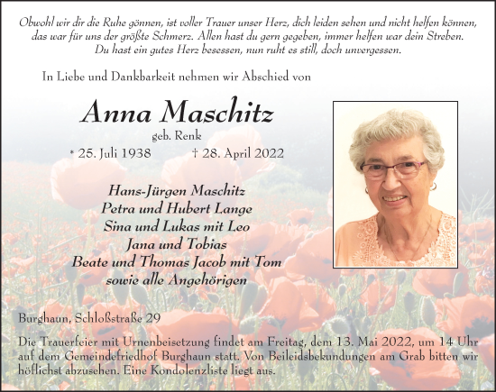 Traueranzeige von Anna Maschitz von FZ