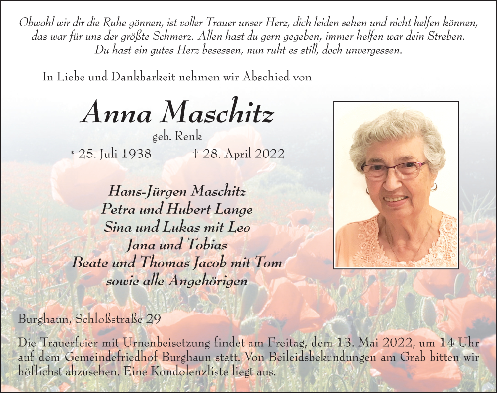  Traueranzeige für Anna Maschitz vom 10.05.2022 aus FZ