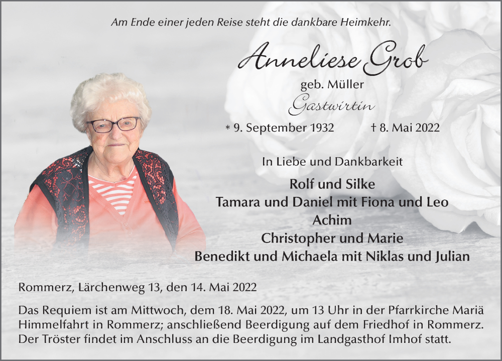  Traueranzeige für Anneliese Grob vom 14.05.2022 aus FZ