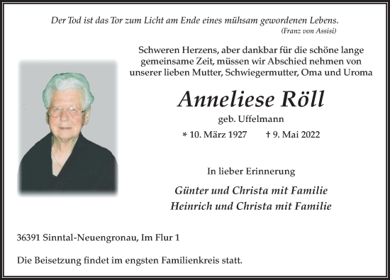 Traueranzeige von Anneliese Röll von FZ