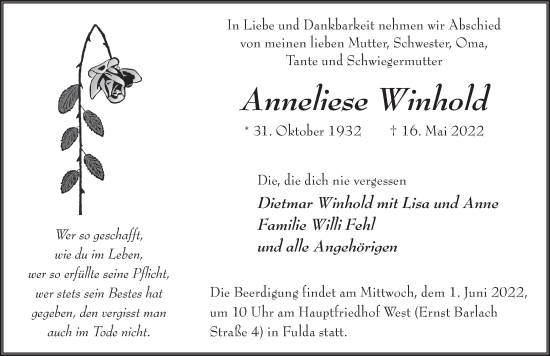 Traueranzeige von Anneliese Winhold von FZ