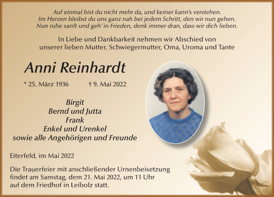 Traueranzeige von Anni Reinhardt von FZ