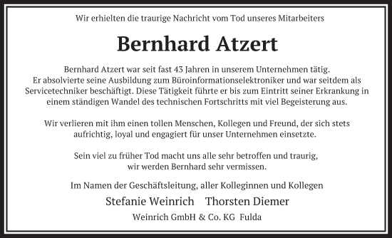 Traueranzeige von Bernhard Atzert von FZ