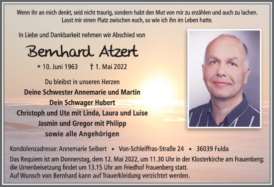 Traueranzeige von Bernhard Atzert von FZ