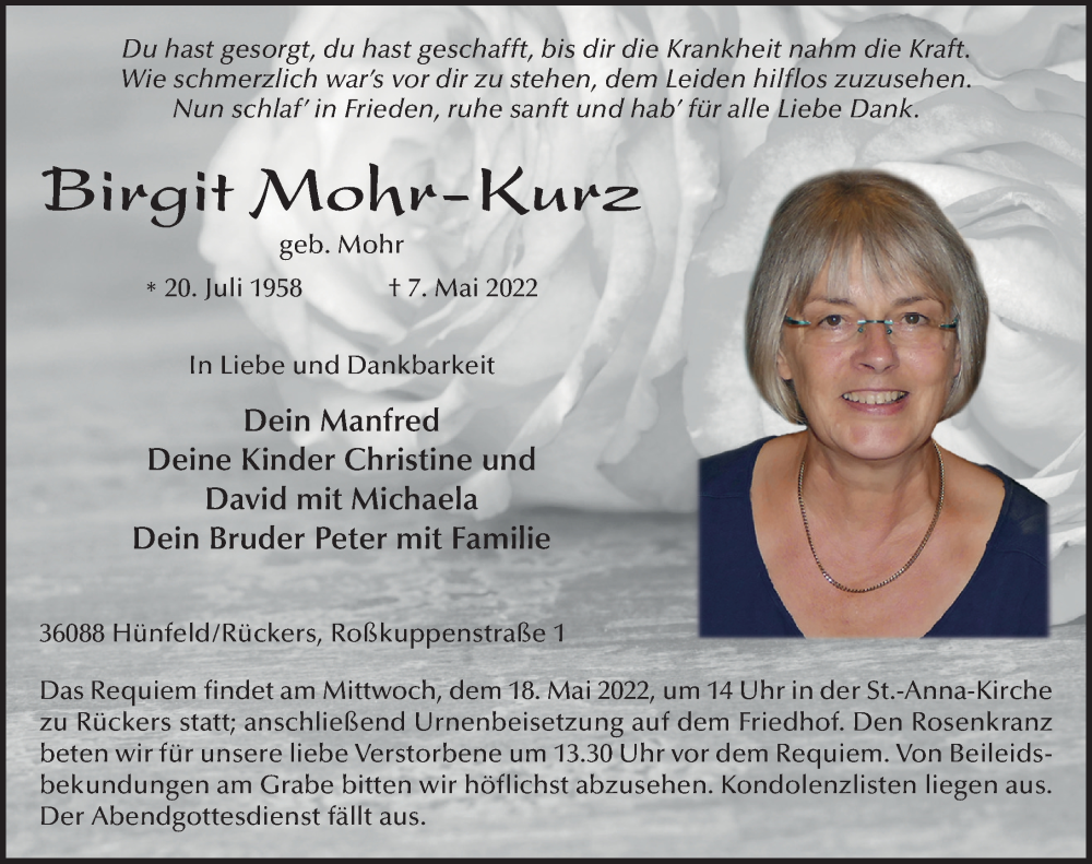  Traueranzeige für Birgit Mohr-Kurz vom 14.05.2022 aus FZ