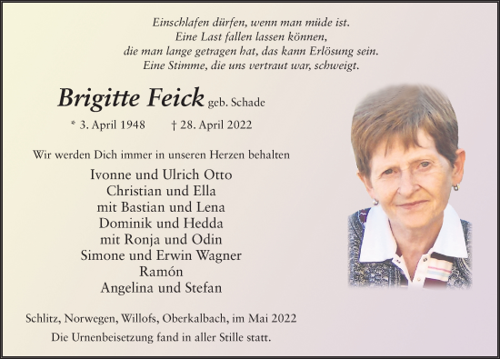 Traueranzeige von Brigitte Feick von FZ