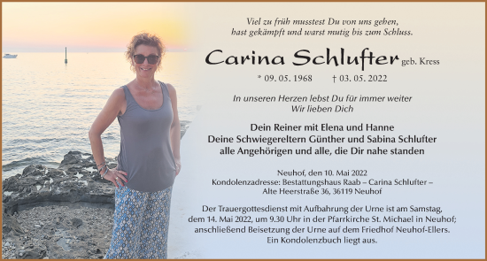 Traueranzeige von Carina Schlufter von FZ