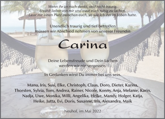Traueranzeige von Carina Schlufter von FZ