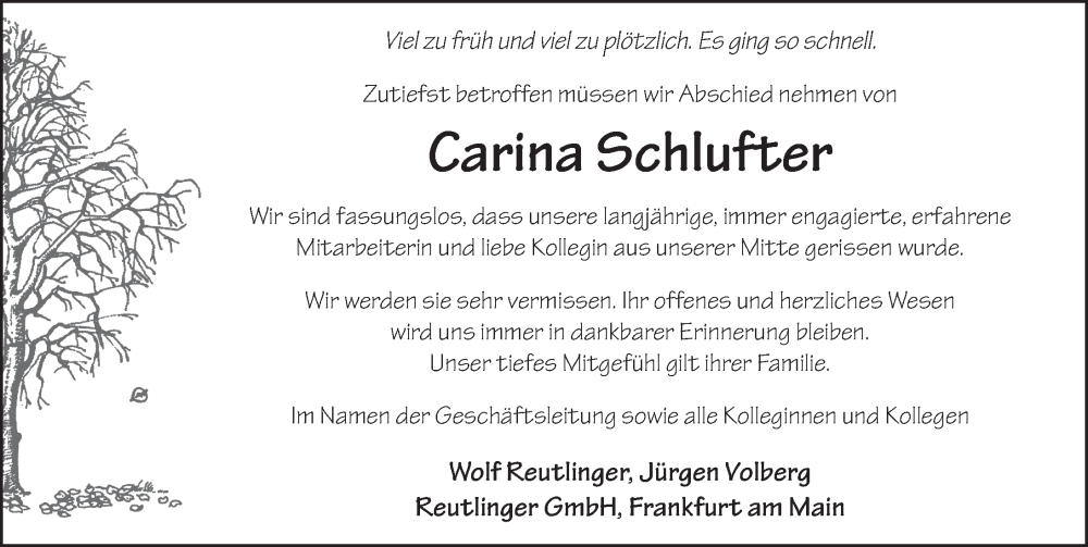  Traueranzeige für Carina Schlufter vom 10.05.2022 aus FZ