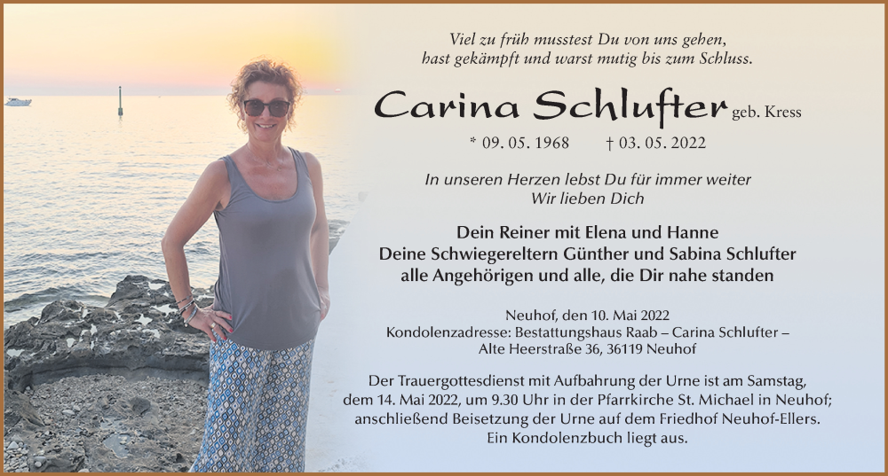  Traueranzeige für Carina Schlufter vom 10.05.2022 aus FZ