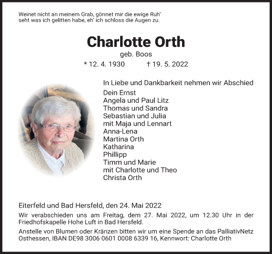 Traueranzeige von Charlotte Orth von FZ