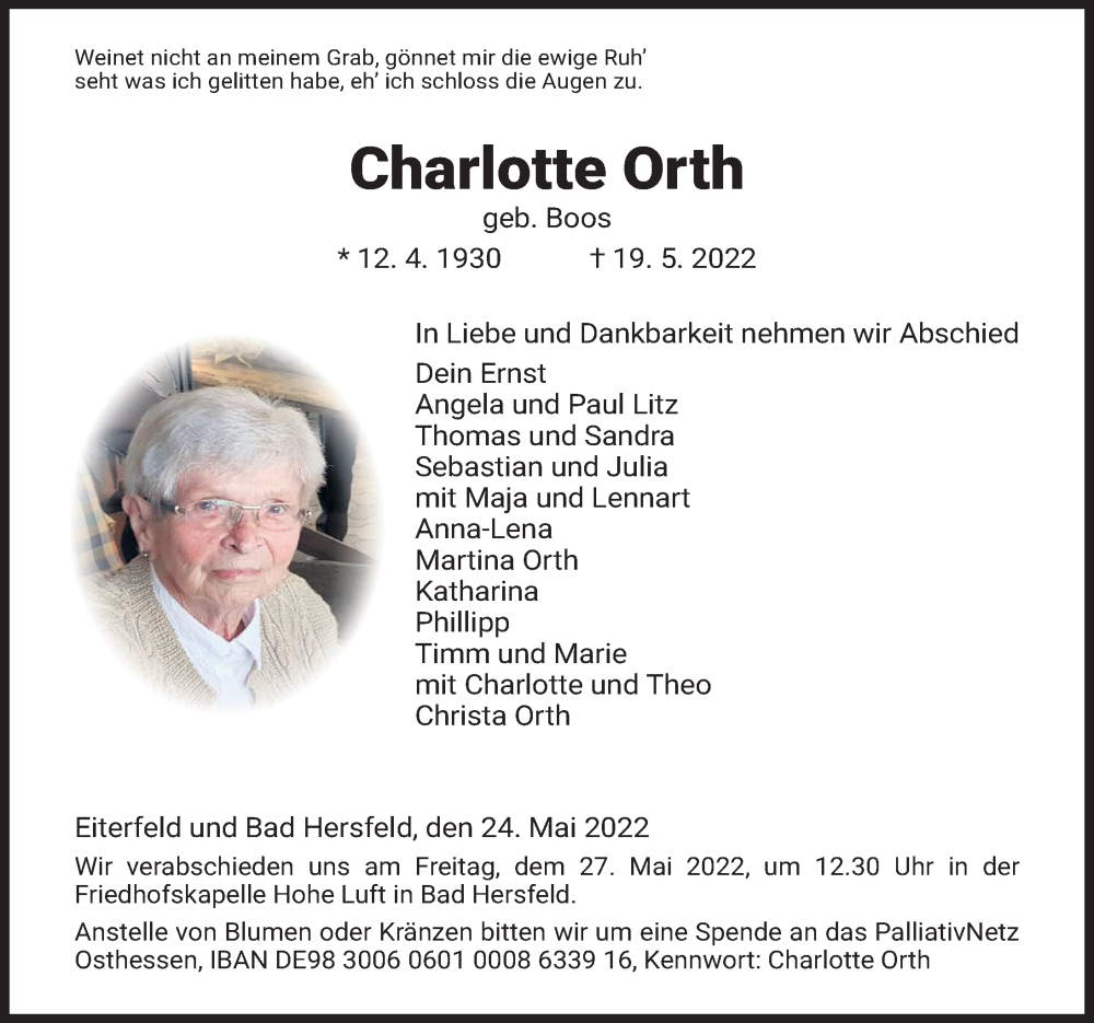  Traueranzeige für Charlotte Orth vom 24.05.2022 aus FZ