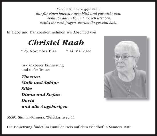 Traueranzeige von Christel Raab von FZ