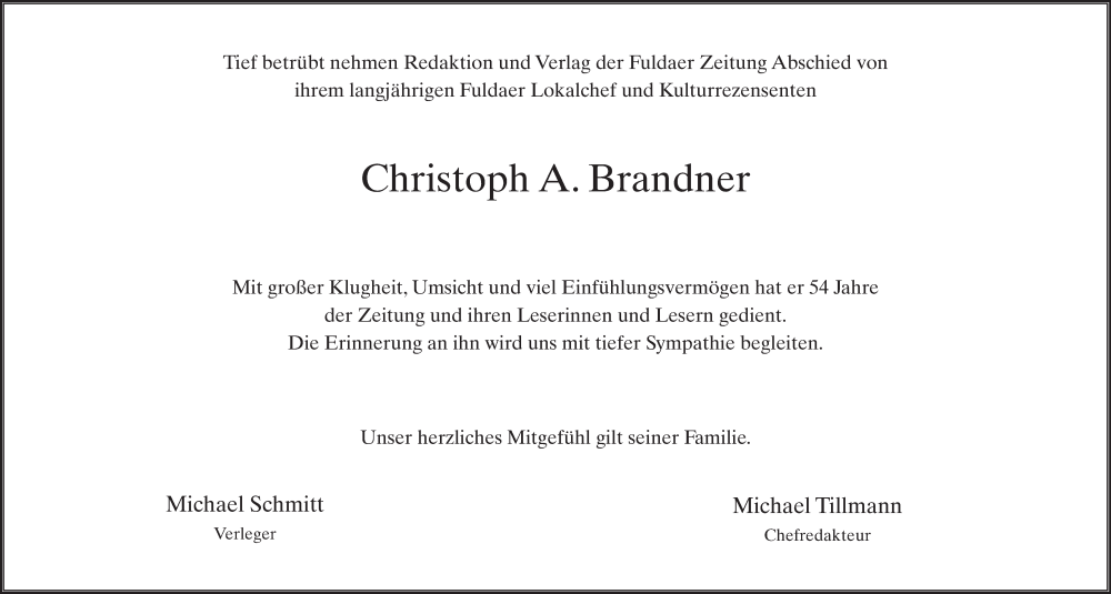  Traueranzeige für Christoph A. Brandner vom 04.05.2022 aus FZ