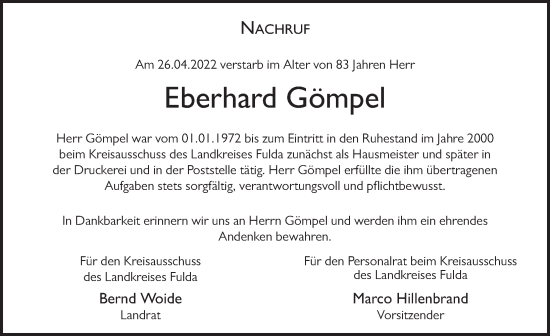 Traueranzeige von Eberhard Gömpel von FZ