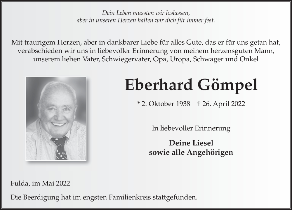  Traueranzeige für Eberhard Gömpel vom 28.05.2022 aus FZ