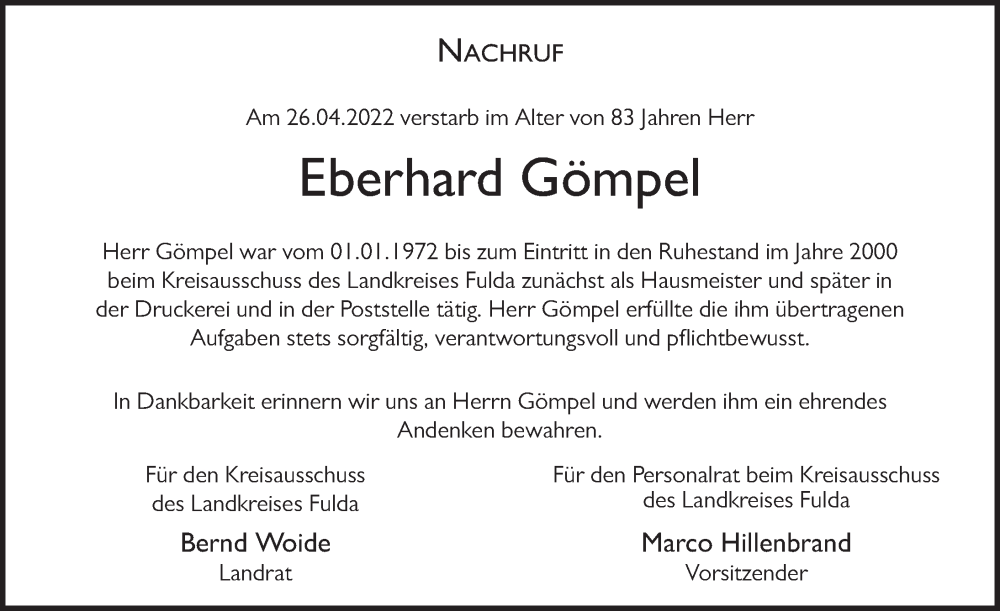  Traueranzeige für Eberhard Gömpel vom 28.05.2022 aus FZ