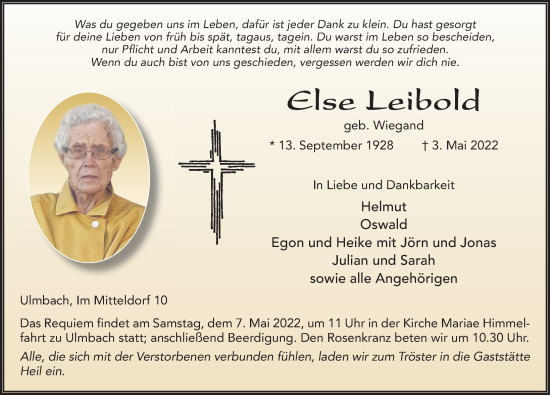 Traueranzeige von Else Leibold von FZ