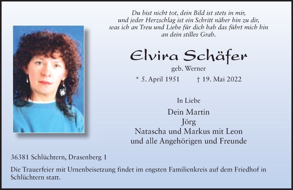  Traueranzeige für Elvira Schäfer vom 25.05.2022 aus FZ