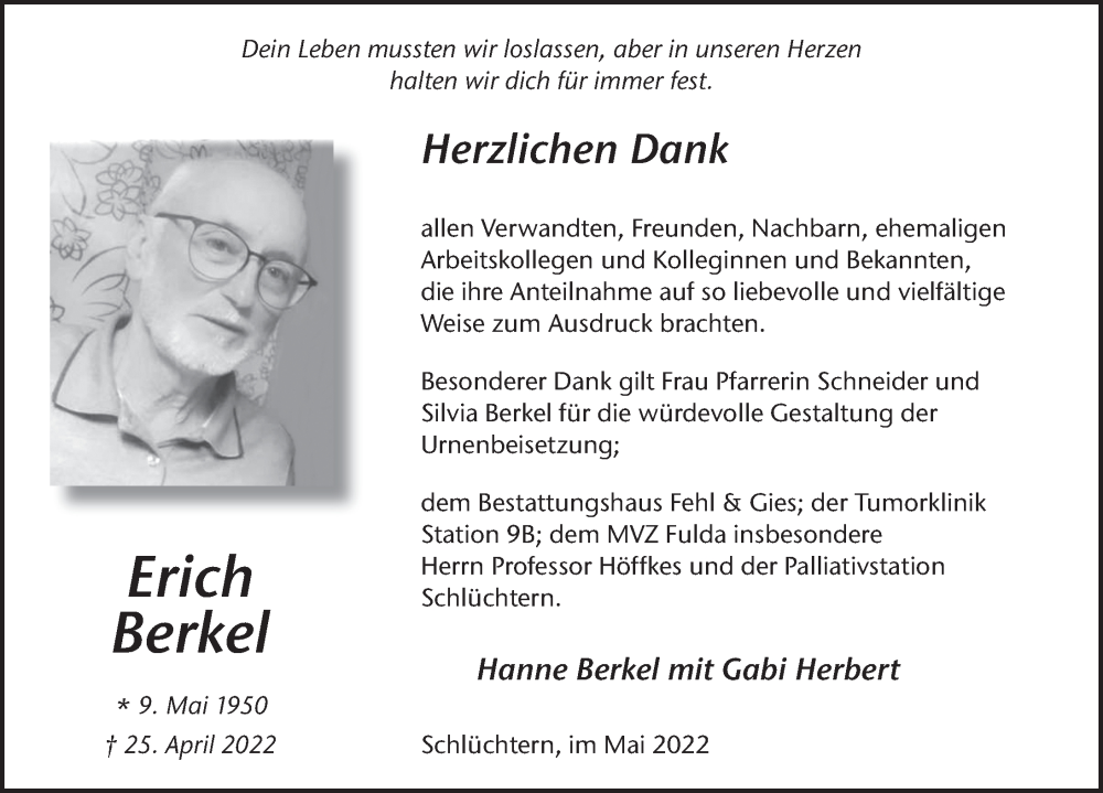  Traueranzeige für Erich Berkel vom 19.05.2022 aus FZ