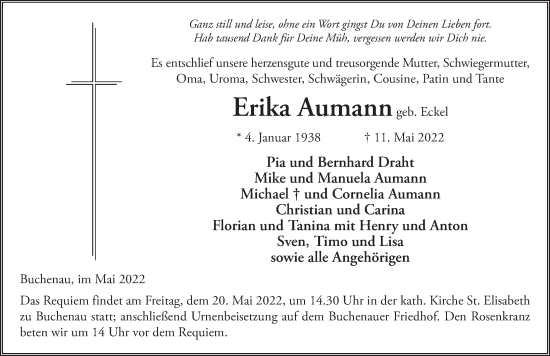 Traueranzeige von Erika Aumannn von FZ