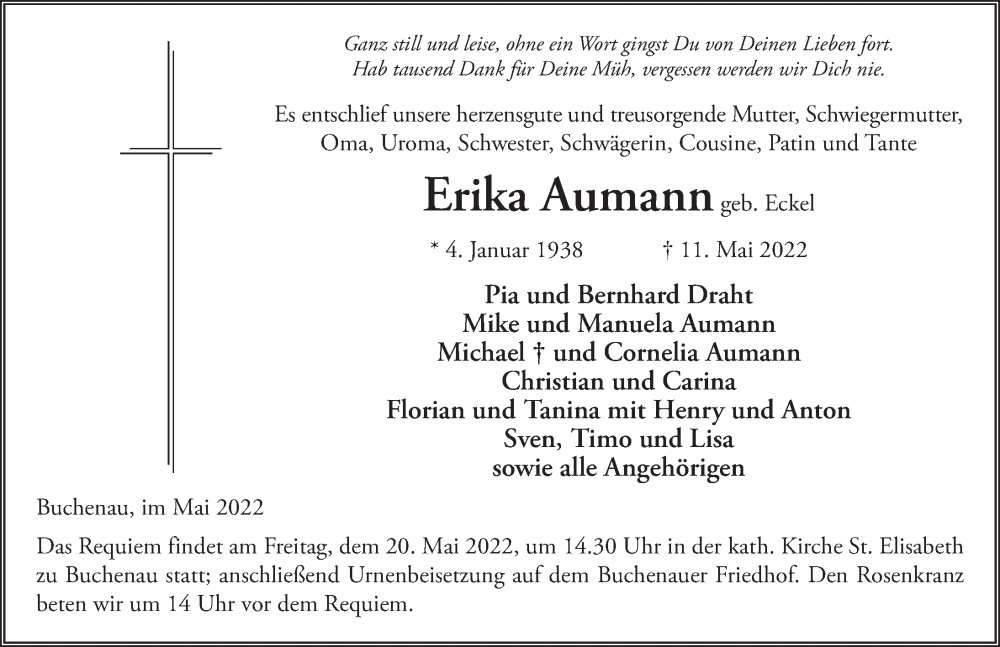  Traueranzeige für Erika Aumannn vom 18.05.2022 aus FZ