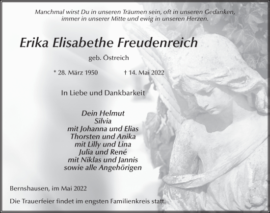 Traueranzeige von Erika Elisabethe Freudenreich von FZ
