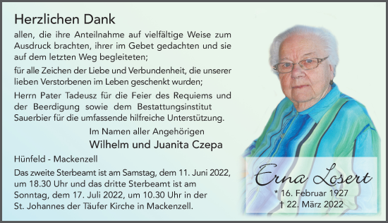Traueranzeige von Erna Losert von FZ
