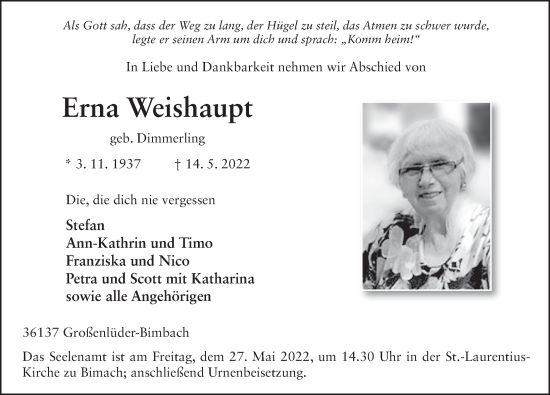 Traueranzeige von Erna Weishaupt von FZ