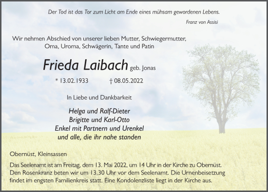 Traueranzeige von Frieda Laibach von FZ