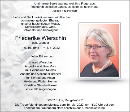 Traueranzeige von Friederike Wierschin von FZ
