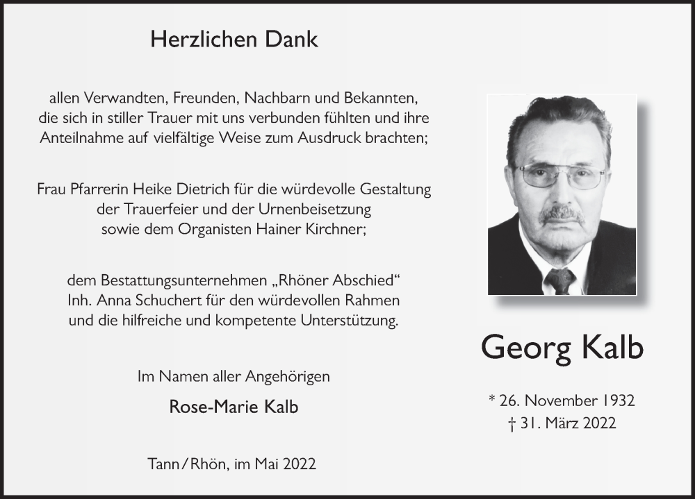  Traueranzeige für Georg Kalb vom 13.05.2022 aus FZ