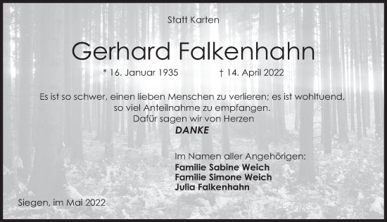 Traueranzeige von Gerhard Falkenhahn von FZ