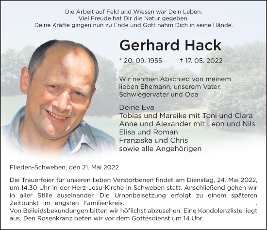 Traueranzeige von Gerhard Hack von FZ