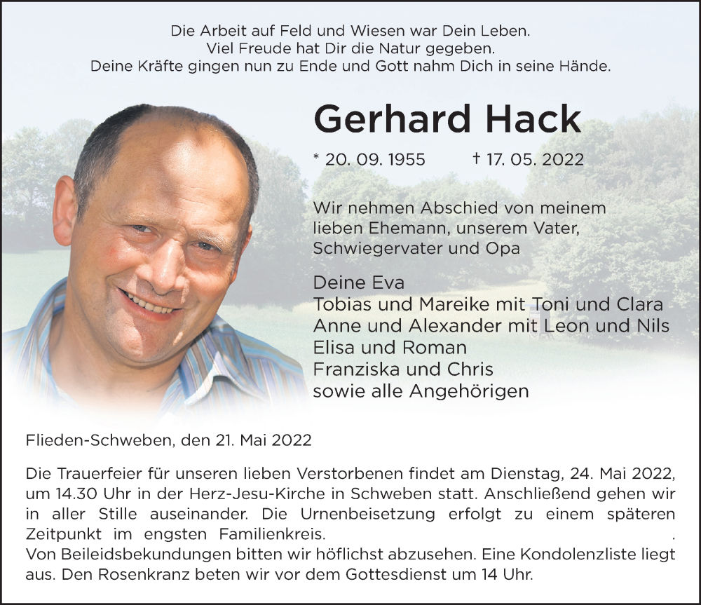  Traueranzeige für Gerhard Hack vom 21.05.2022 aus FZ