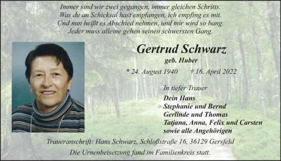 Traueranzeige von Gertrud Schwarz von FZ