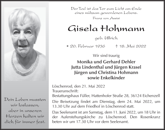 Traueranzeige von Gisela Hohmann von FZ