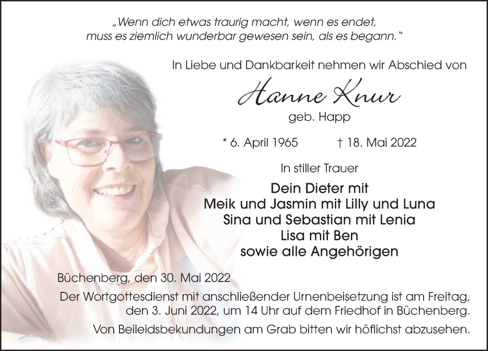  Traueranzeige für Hannelore Knur vom 30.05.2022 aus FZ