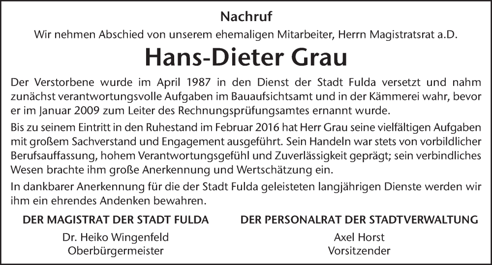  Traueranzeige für Hans-Dieter Grau vom 28.05.2022 aus FZ