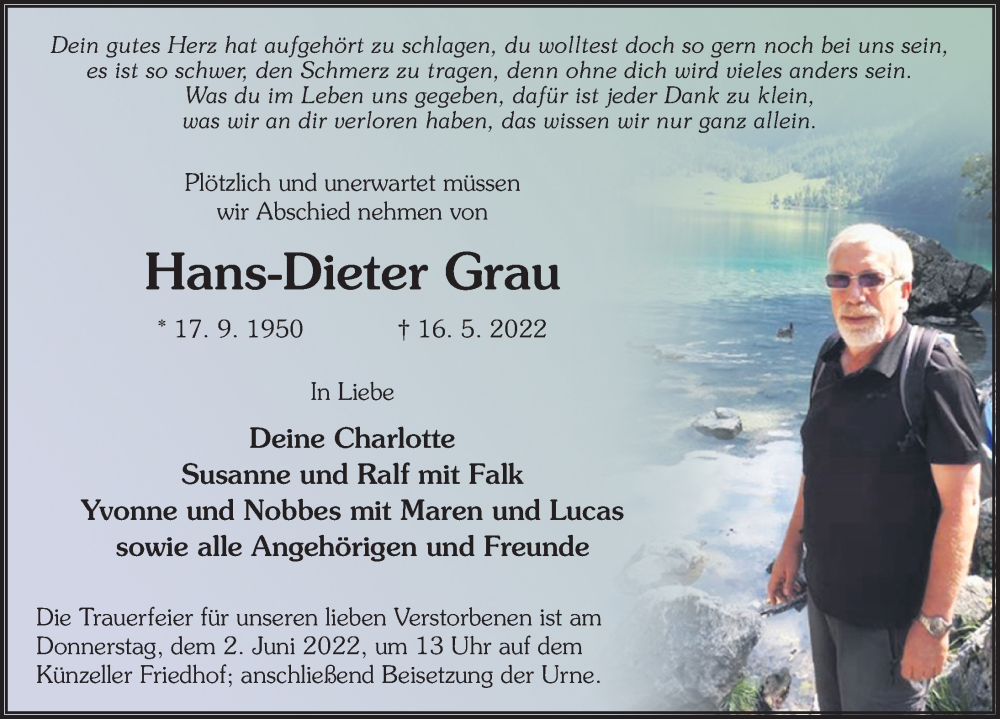  Traueranzeige für Hans-Dieter Grau vom 28.05.2022 aus FZ