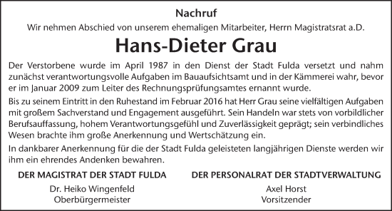 Traueranzeige von Hans-Dieter Grau von FZ