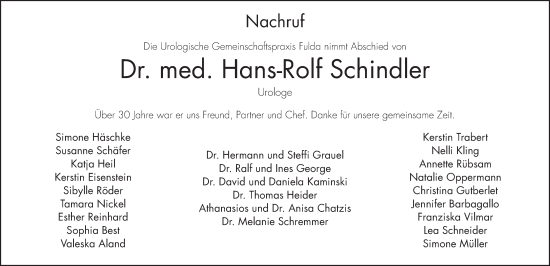 Traueranzeige von Hans-Rolf Schindler von FZ