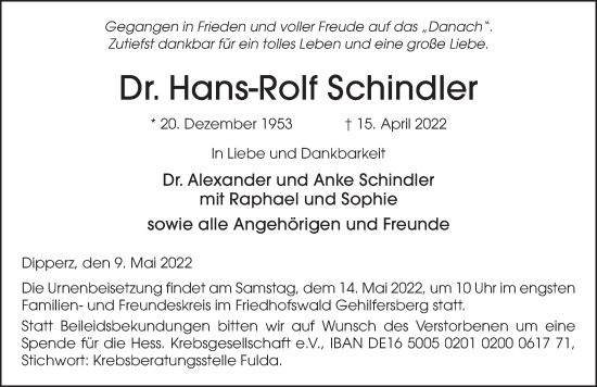 Traueranzeige von Hans-Rolf Schindler von FZ