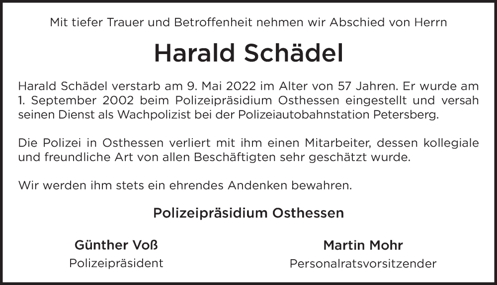  Traueranzeige für Harald Schädel vom 21.05.2022 aus FZ