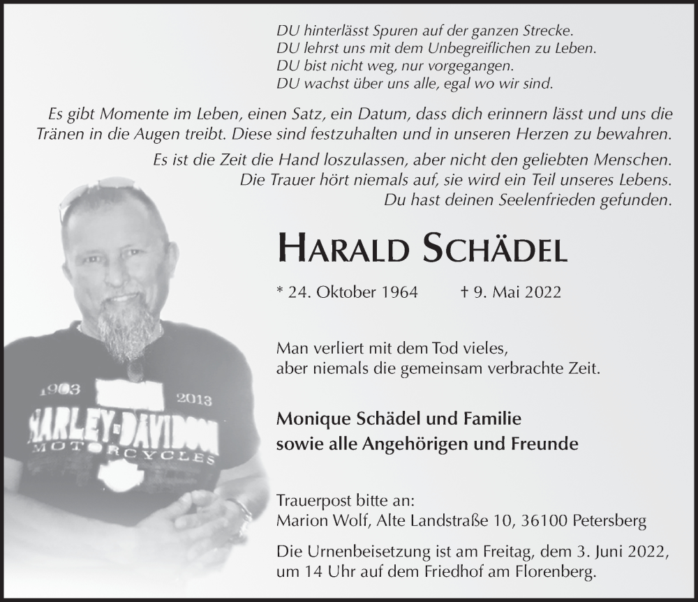  Traueranzeige für Harald Schädel vom 21.05.2022 aus FZ