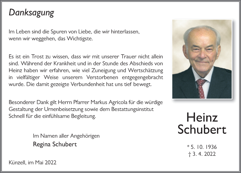  Traueranzeige für Heinz Schubert vom 21.05.2022 aus FZ